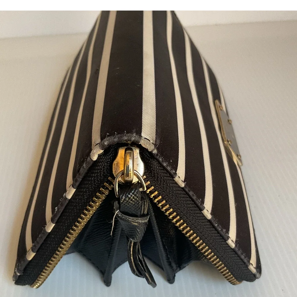 Kate Spade New York Black White Striped Zip Around Wallet Continental Purse